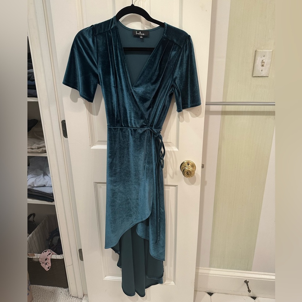 Lulus green velvet wrap high low dress S